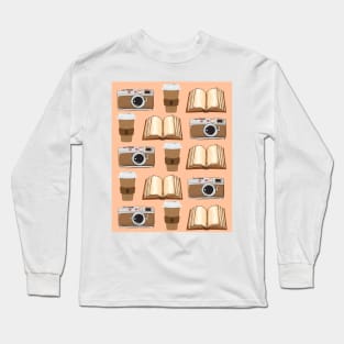 Camera, Coffee, and Books Pattern Long Sleeve T-Shirt